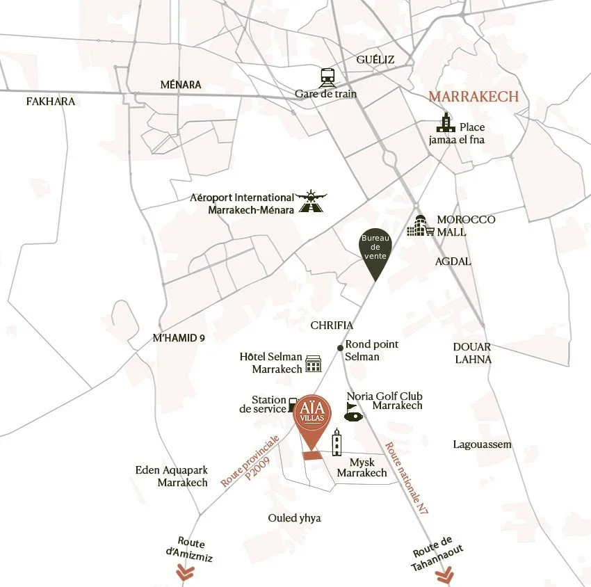 Plan de situation AIA Villas Marrakech - Localisation route Tahanout près hôtel Selman